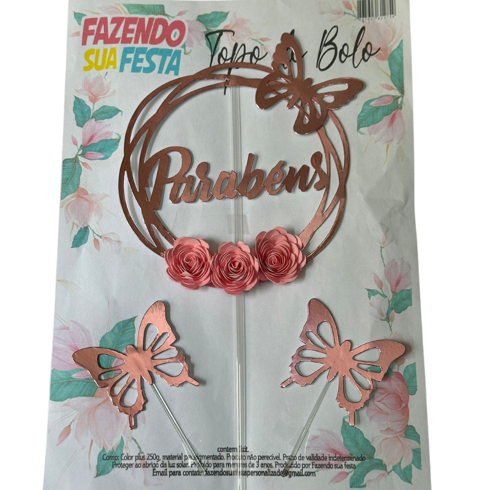Topo Topper de Bolo Rosa de Borboleta e Flores Decoração Confeitaria ...