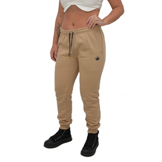 Calça Moletom Feminina Skinny Peluciada Academia Bolsos e Punho Lançamento Promoção Caqui Coroa