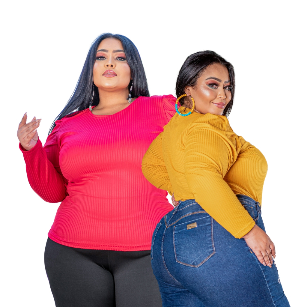 Kit 2 Blusa Plus Size Manga Longa Canelado Encorpado