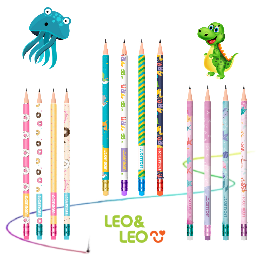 Lápis de escrever com borracha escolar infantil preto grafite hb com estampa para crianças Leo E Leo