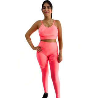 Conjunto Brocado Bolhas Top e Calça Fitness Para Treino Academia Sem transparência