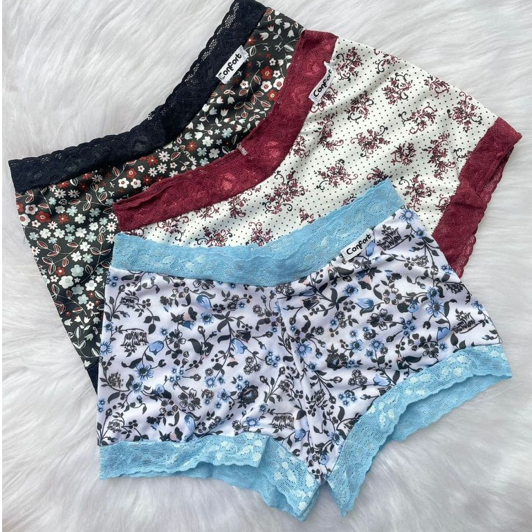 Calcinha Shortinho Feminino Em Microfibra Estampada Com Renda