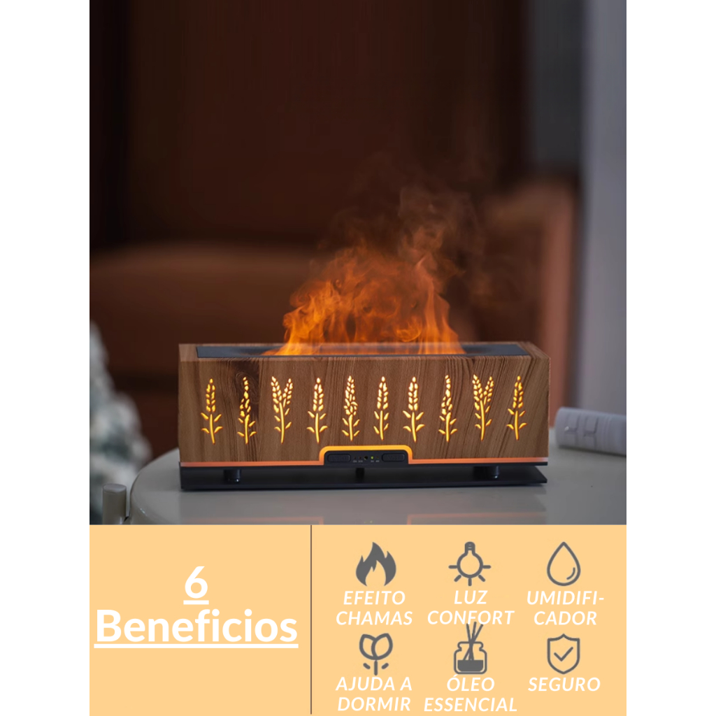 Difusor de Aromas e Umidificador Ultrassônico Efeito de Chamas Madeira Óleo Essencial super silenciosos Aroma Terapia
