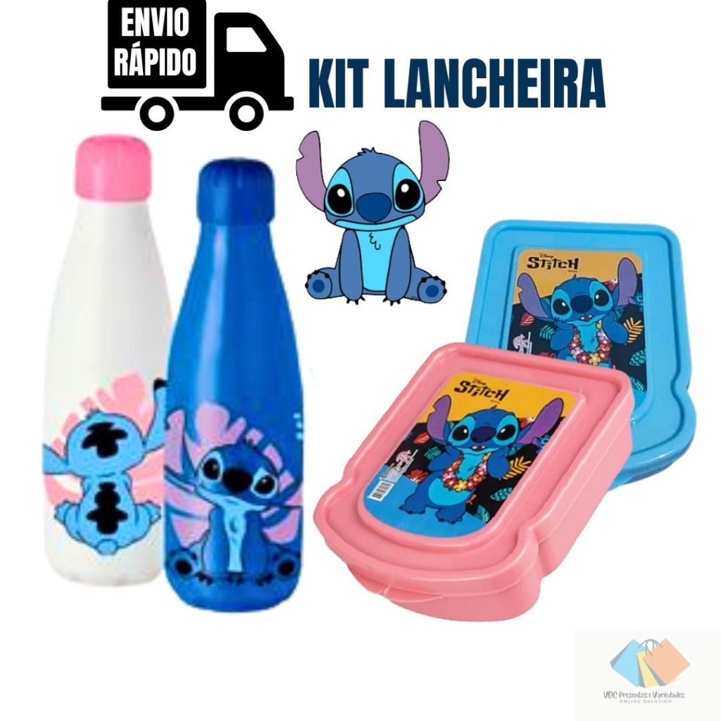 Kit Garrafa Garrafinha e Porta Lanche Stitch Lancheira Squeeze