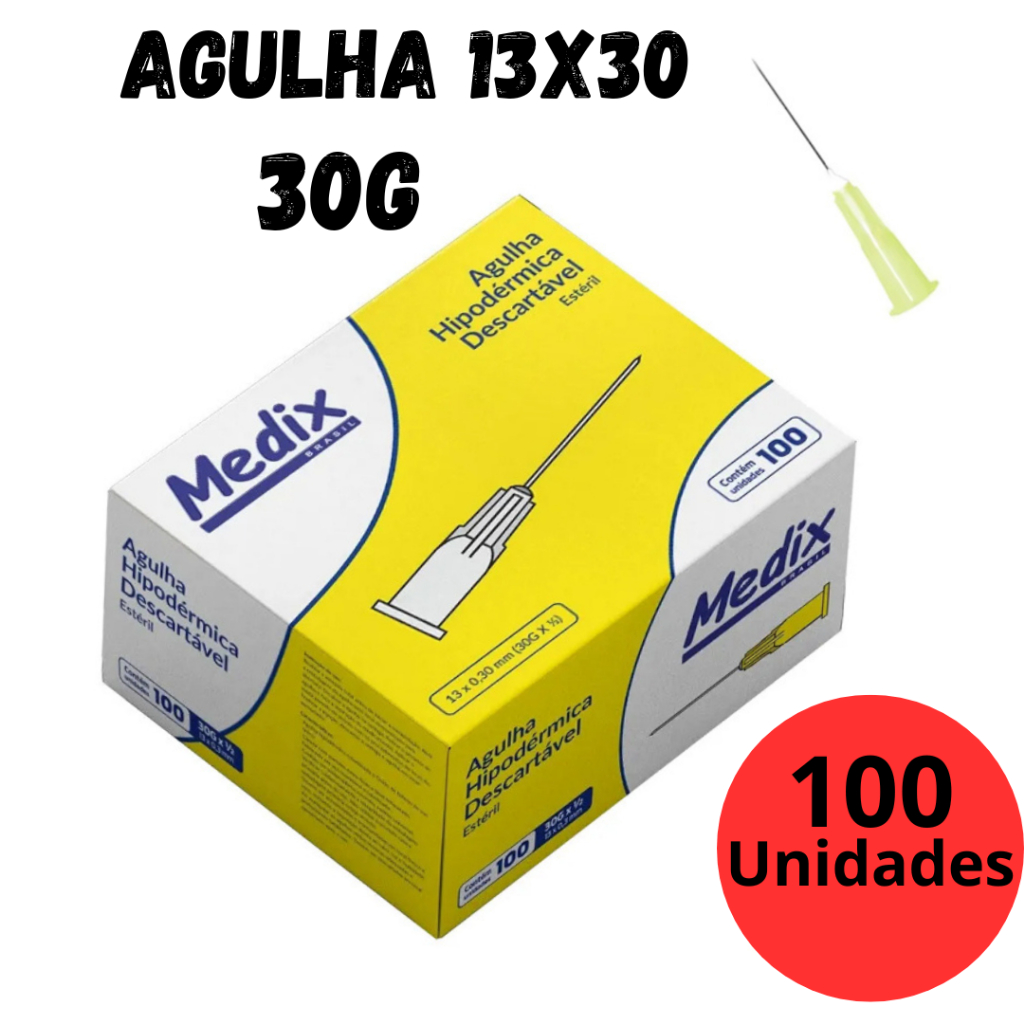 Agulha Hipodérmica P/ Insulina 13x0,30mm 30G Estéril Cx 100 Uni.