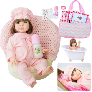 Boneca Bebê Reborn Realista Com Bolsa 100% Silicone Roupinha Rosa Pode Dar Banho