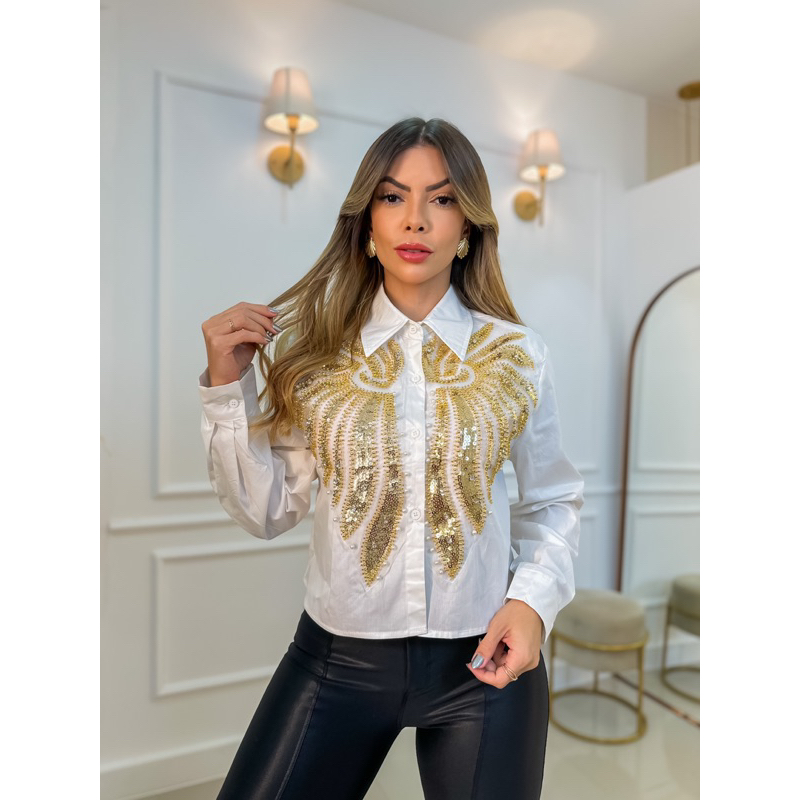 Camisa feminina curta estampa dourada