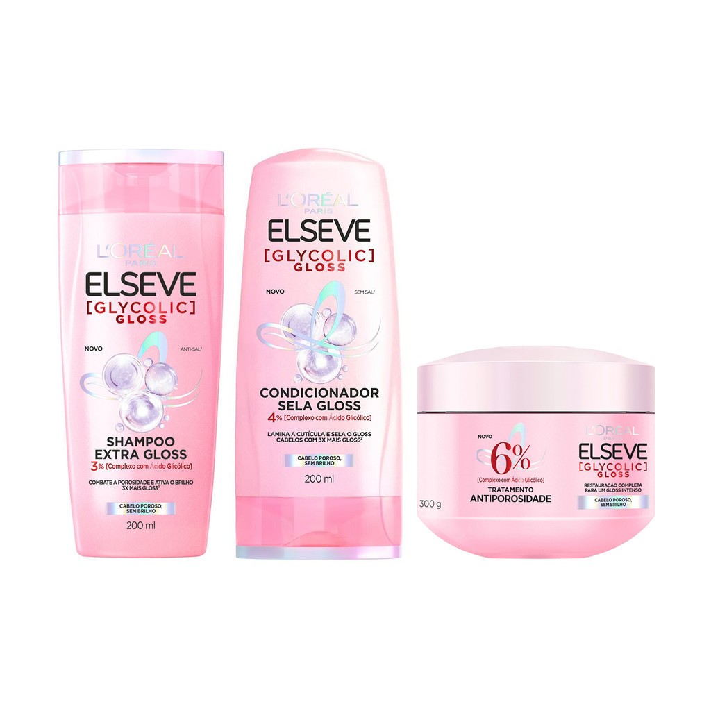 Kit Elseve Glycolic Gloss Shampoo + Cond + Máscara Loréal