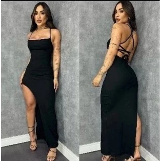 Vestido longo com fenda elegante costas nua trançada festas empina bumbum