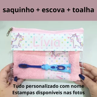 Kit higiene bucal infantil / porta escova de dente / saquinho higiene com nome para escola sereia fundo do mar