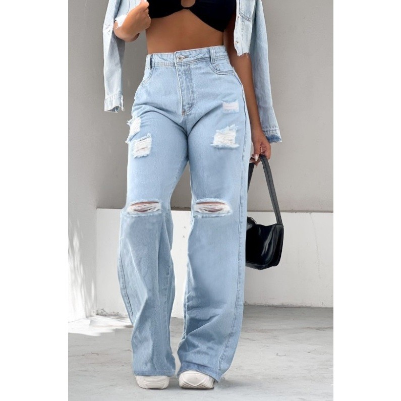 Calça Jeans Feminina Wide Leg rasgada pantalona
