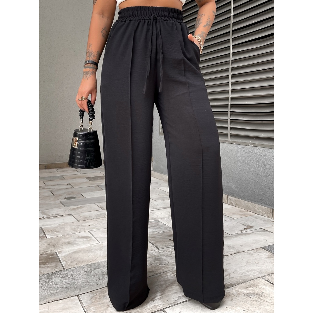 Calça Feminina Pantalona Duna Cintura Elástica Com Bolso Cintura Alta