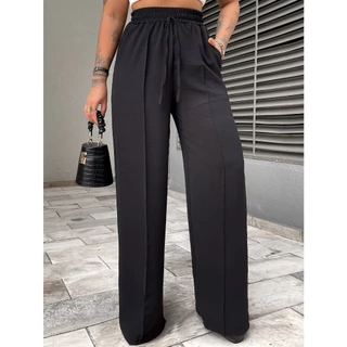 Calça Feminina Pantalona Duna Cintura Elástica Com Bolso Cintura Alta