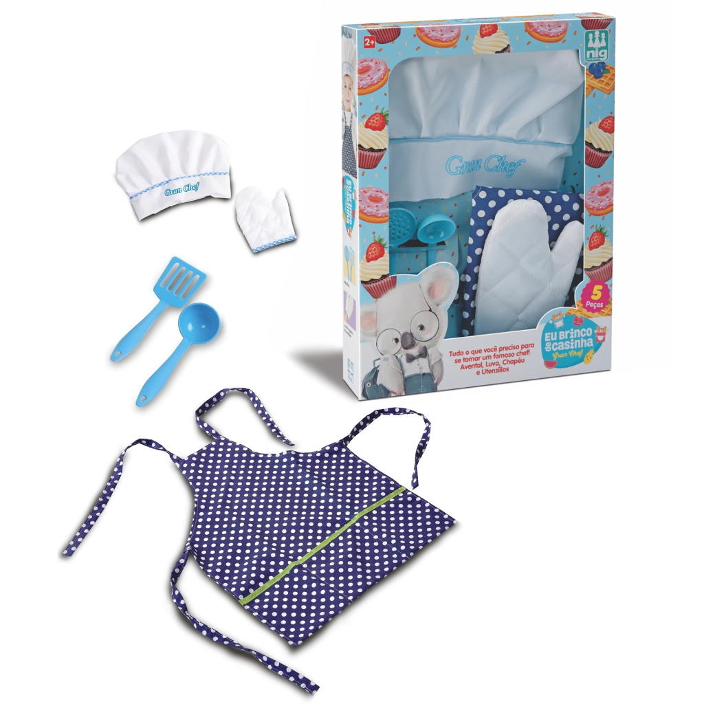 Kit Avental E Chapeu Gran Chef Infantil Azul 0617 - Nig Brinquedos