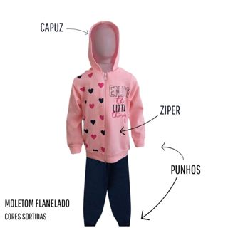 Conjunto Moletom Infantil Feminino Blusa e Calça Flanelado com capuz ziper e punho, Roupa menina inverno - Tamanhos 04 ao 08