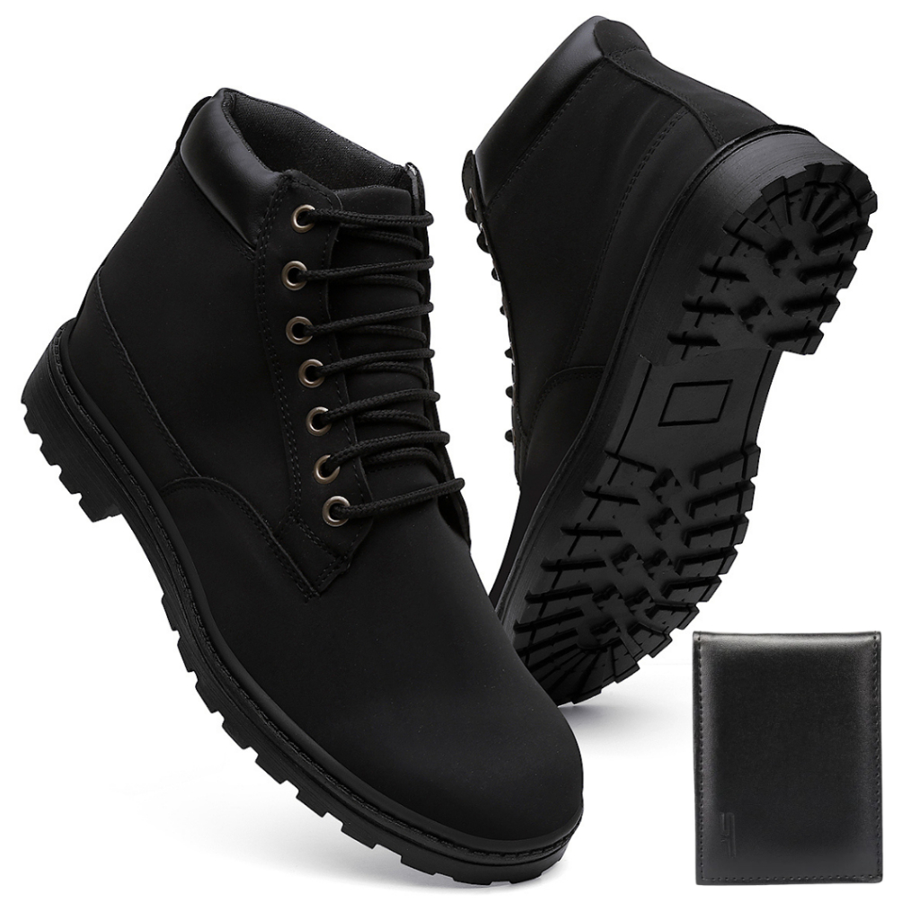 Bota Masculina Camurça Cano Médio Moda Casual Solado Tratorado com Cadarços Coturno Masculino + Carteira