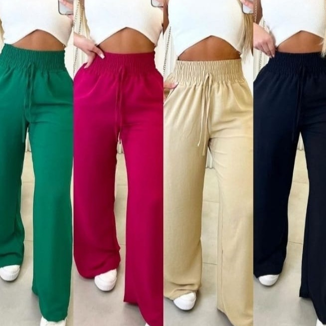Calça Pantalona Feminina Com Elástico Na Cintura Tecido Duna