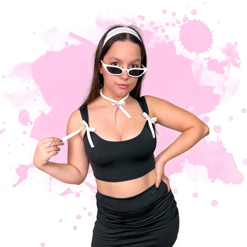 Top Básico Preto Com Laço Colorido Coquette Branco Rosa Regata Top
