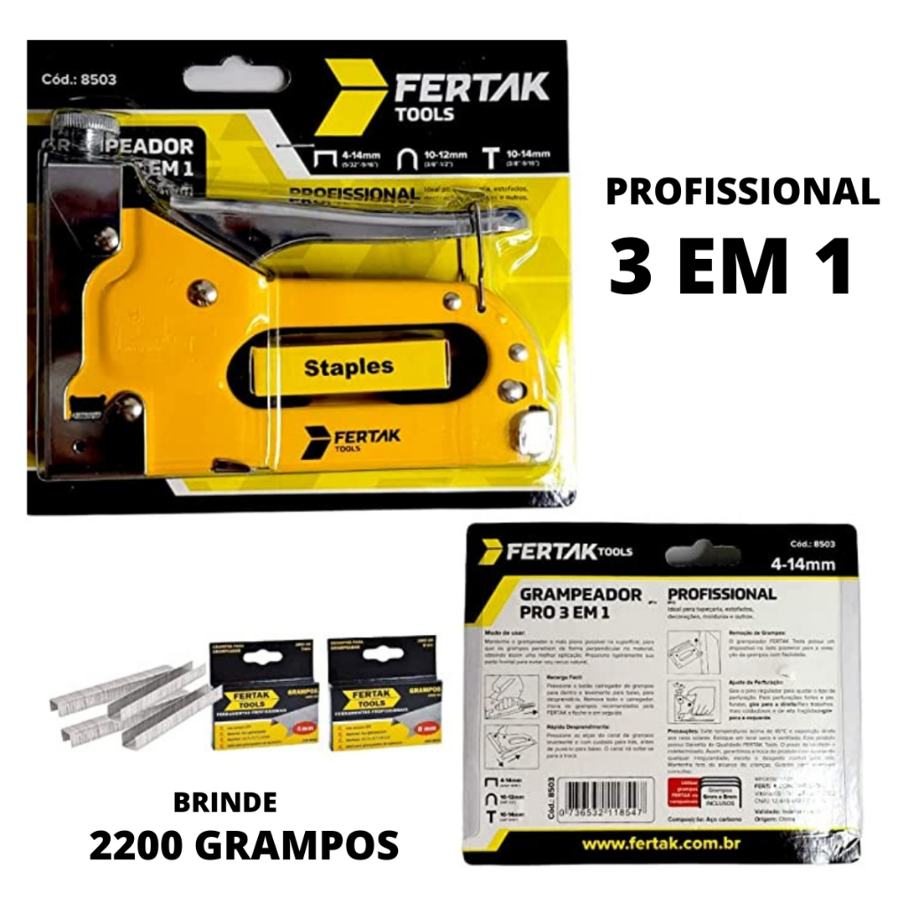 Grampeador Tapeceiro Profissional 3 em 1 Madeira com grampos Manual 4-14mm