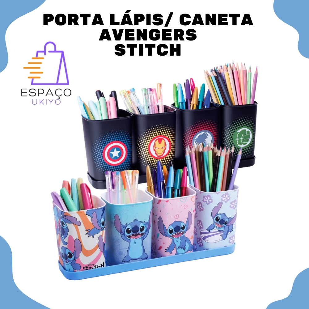 Organizador Porta Lápis Caneta 5 ou 2 peças Decorado,Vingadores, Stitch ,Marvel ,Minnions, Mônica ,Princesas Desenho Plasútil