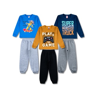 3 Conjuntos Moletom Infantil Masculino Roupa Menino Inverno 6 Peças - 3 Blusas e 3 Calças