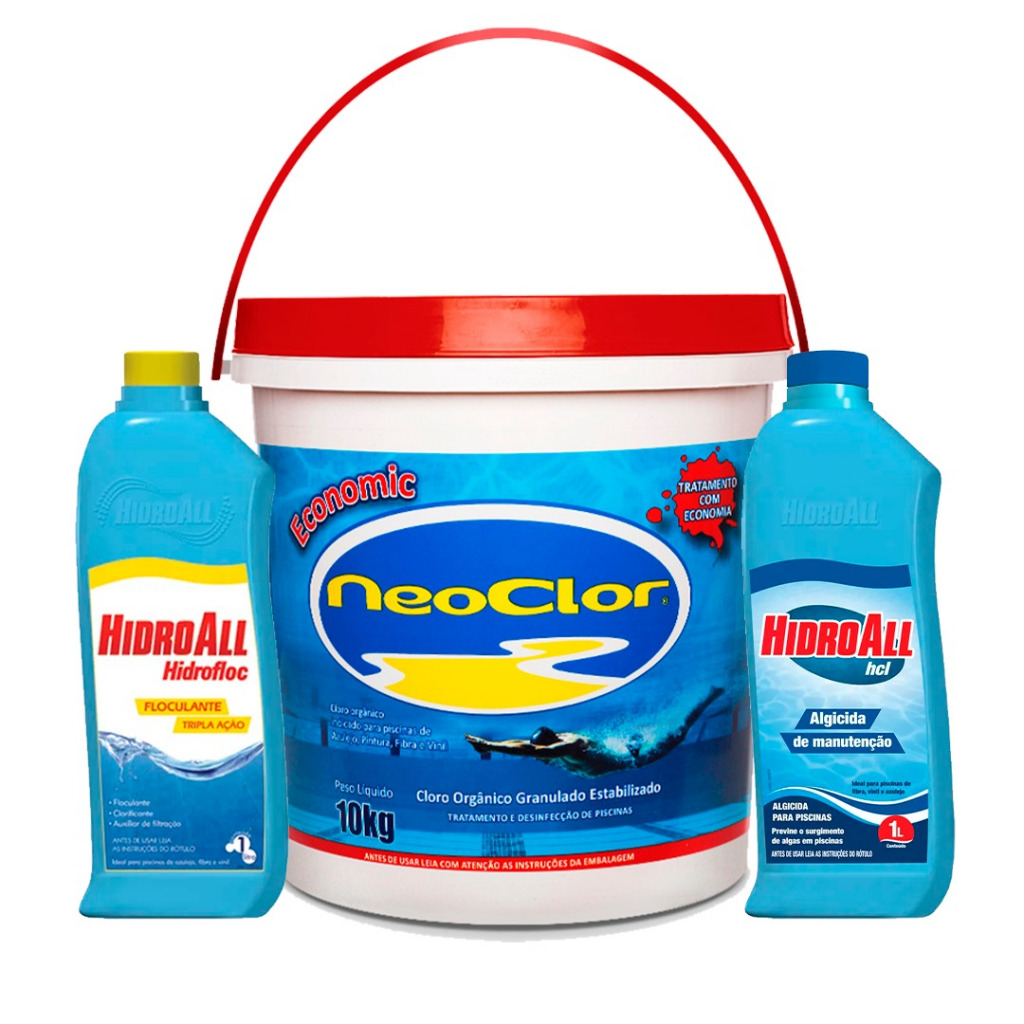 Cloro Para Piscina Economic Neoclor 10kg + Kit Hidroall Clarificante e ...