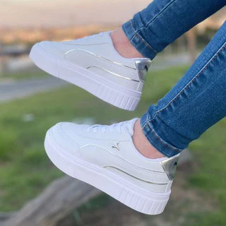 Tênis PM Plataforma Feminino Confortável Tendência Inverno Verão 2024 Estilo Blogueira Dia a Dia Lançamento Branco