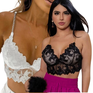 KIT 2 Cropped De Renda Feminino Alça Corrente Com Bojo Top Casual Tendencia Moda Blogueira Fashion Elegante