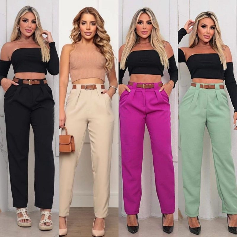 Calça Feminina Alfaiataria Sofisticada Cintura Alta Com Cinto Removível