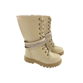 Bota Feminina Tratorada Cano Longo - Zíper e cadarço/detalhes em strass removível
