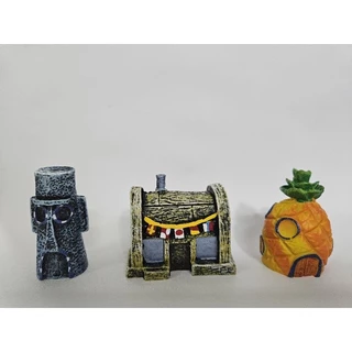 Abacaxi Bob Esponja+Casa Lula+Restaurante Siri Miniaturas em Resina Para Aquários