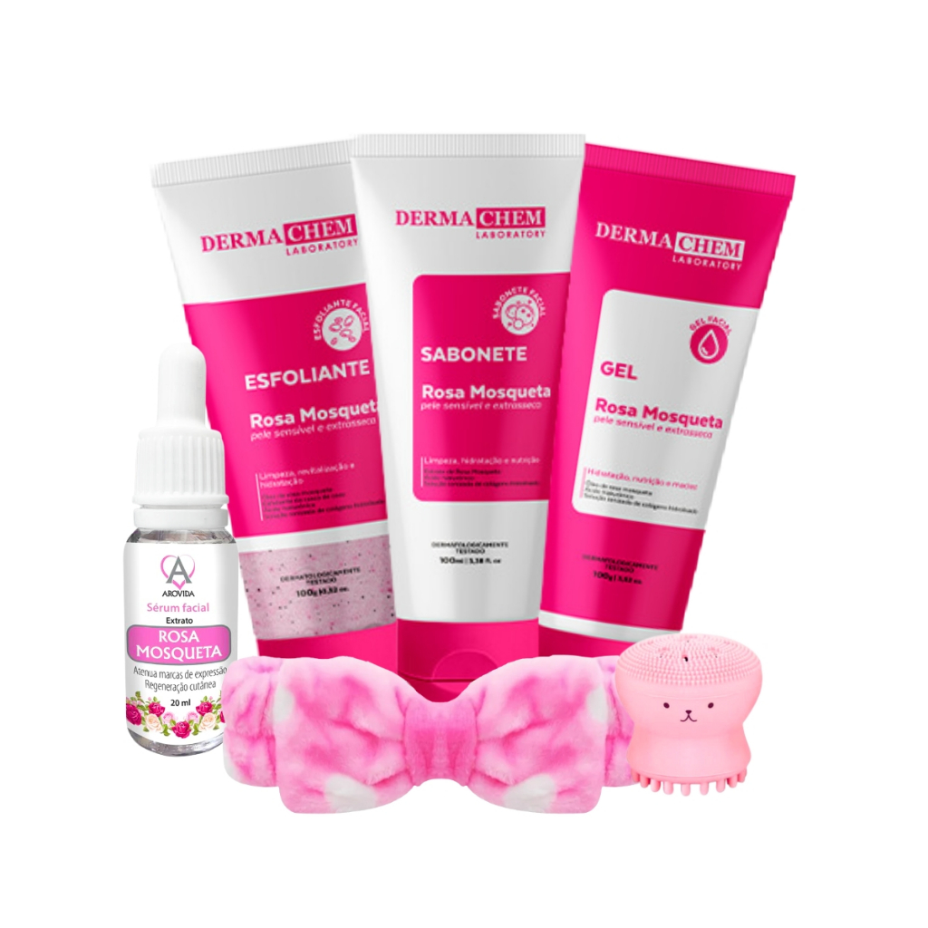 Kit Skin Care Rosa Mosqueta Cuidado Facial Completo c/ Faixa e Esponja ...