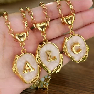 Colar Feminino Com Letra Inicial Do Nome Elo Português 50Cm Coração Banhado A Ouro 18k Tendência