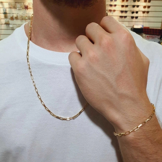 Conjunto Masculino de Colar Corrente 60cm + Pulseira Italiano Estilo Cartier Tijolinho com Banho Ouro 18k Fecho Gaveta