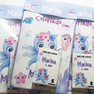 10 unidades Kit livrinho mini/ revistinha de colorir + giz de cera ( lembrancinha fundo mar menina ) 10x15cm