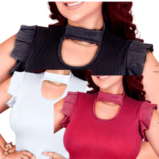 Kit 3 Blusa Feminina Decote Manga Babado Gola Alta Social Elegante Malha Canelada Moda Evangelica Casual