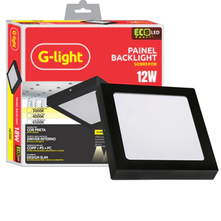 Luminária Painel Plafon Led 12W Preto Quadrado Sobrepor Branco Frio 6500K