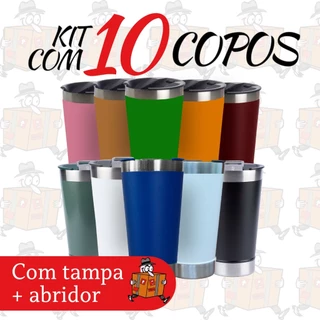Kit com 10 copos térmico 473ml com tampa e abridor , copo de Inox , todas as cores ,copo de cerveja, copo para chopp e cerveja