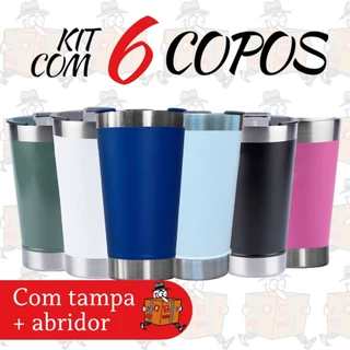 Kit com 6 copos térmico 473ml com tampa e abridor, copo de Inox mantém gelado e quente todas as cores