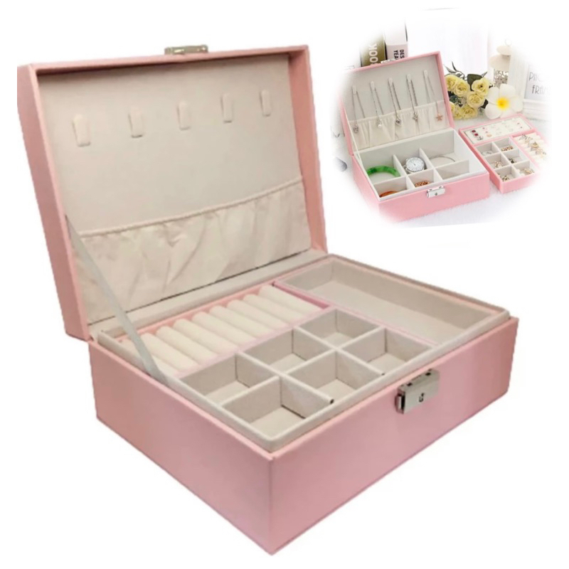 Porta Joia Dupla Camada Multifuncional Couro Grande com Chave Feminino - Envio imeadiato