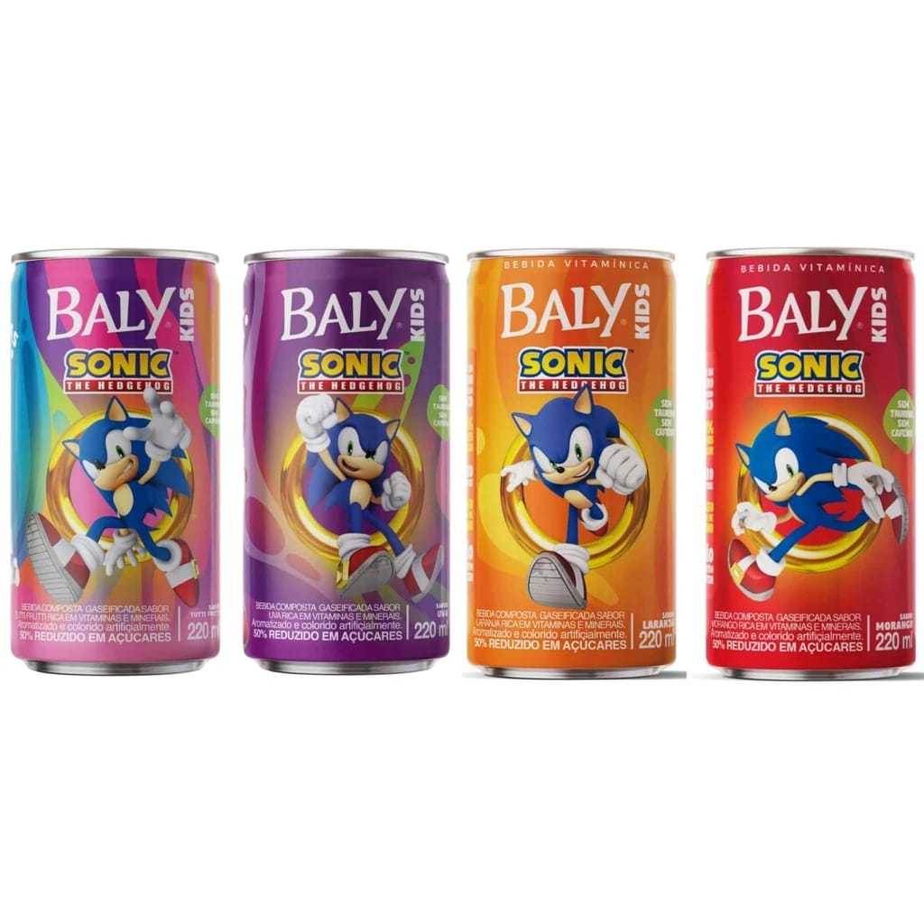 Energético Baly Kids Sonic the Hedgehog Tutti Frutti Uva Laranja Morango 220ml Lata