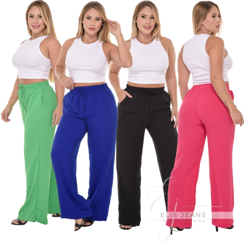 Calça Pantalona Feminina Cintura Alta Com Bolso Tecido Duna