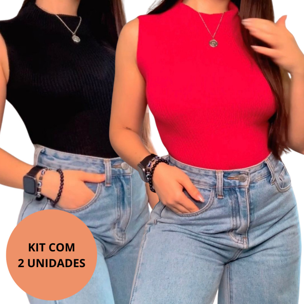 KIT 2 Blusas Garrafinha Gola Alta Modal Tricot Sem Manga Blogueira