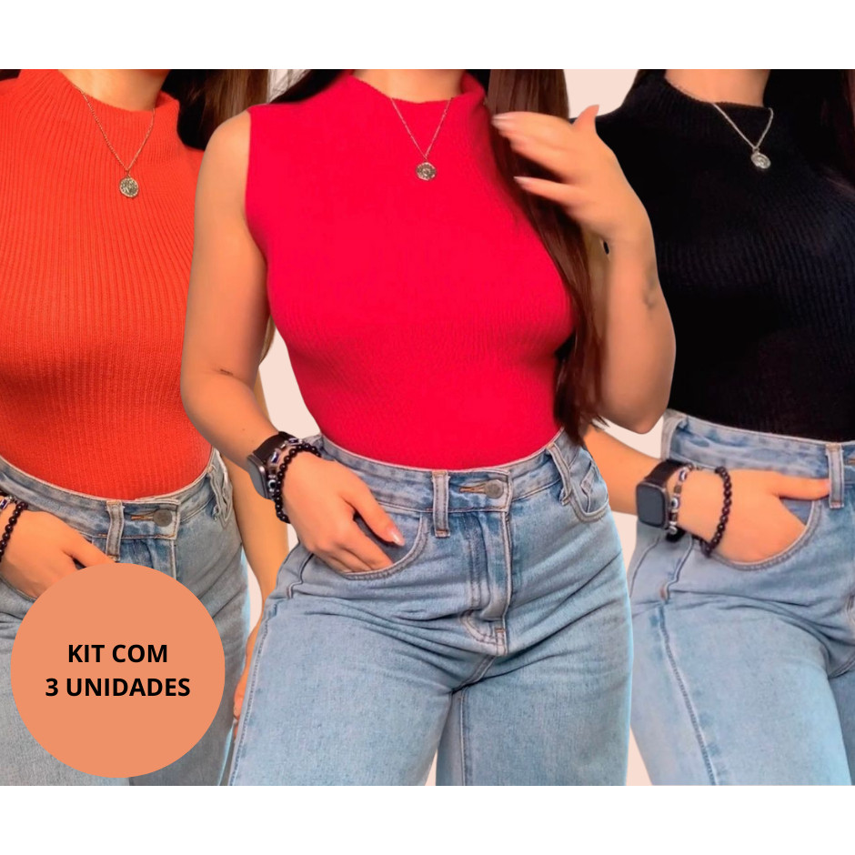 KIT 3 Blusas Garrafinha Gola Alta Modal Tricot Sem Manga Blogueira
