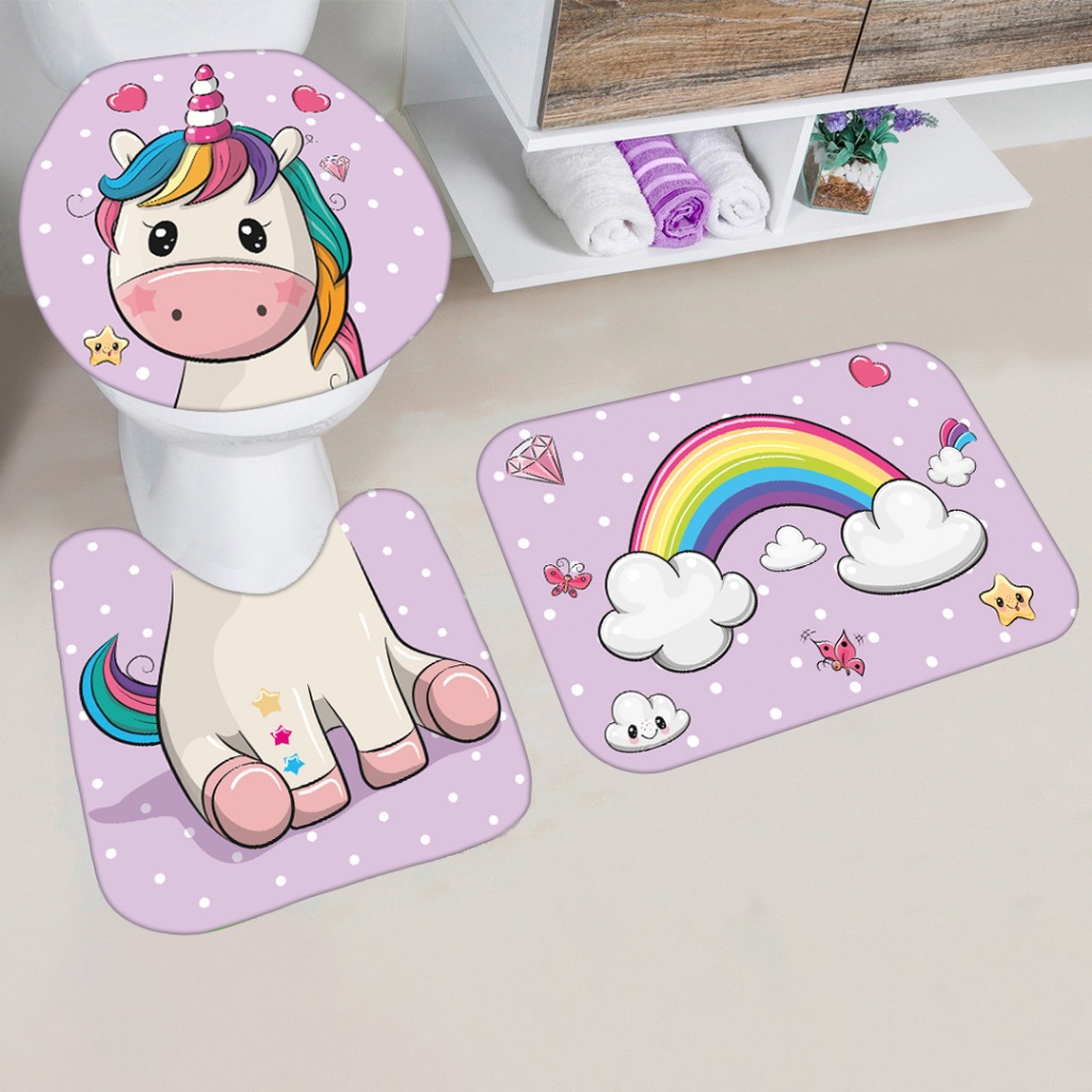 kit 3 pçs Tapetes Emborrachados para Banheiro Infantil Estampa Unicórnio