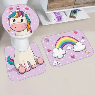kit 3 pçs Tapetes Emborrachados para Banheiro Infantil Estampa Unicórnio