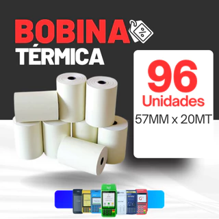 Bobina Térmica Para Máquina de Cartão, 20 Metros - (PATROCINADA) KIT 96 ROLOS - 57mm X 20M