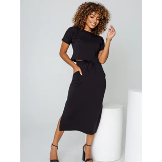 Conjunto de Saia longa Mid e Croped de Manga com bolso