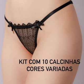 Kit 10 Calcinhas Renda com Regulagem Fio Dental Tanga Coloridas