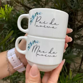 Xícaras Personalizadas Folhagem Minimalista Casamento Com Nome Pais ou Padrinhos 180ml